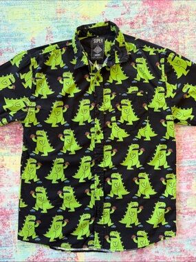 Super Massive Men's Black Button-Down Shirt with Green Dinosaur Print